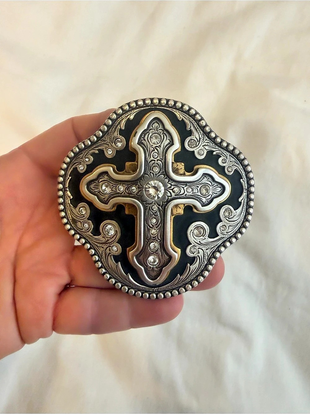 Western Belt Buckle Cross in Silver & Black